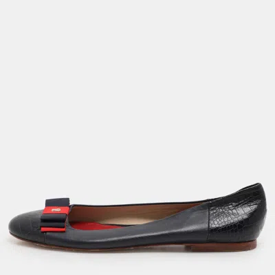 Pre-owned Ch Carolina Herrera Navy Blue Croc Embossed And Leather Ballet Flats Size 39