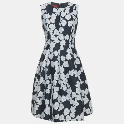 Pre-owned Ch Carolina Herrera Navy Blue Floral Jacquard Flared Short Dress M