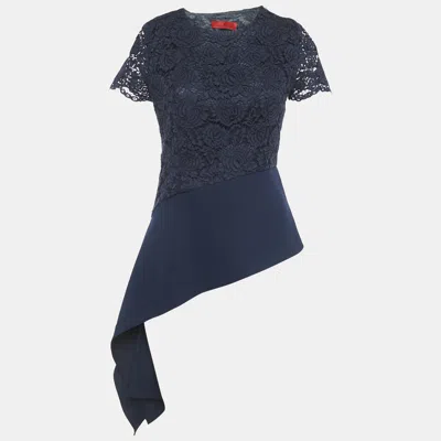 Pre-owned Ch Carolina Herrera Navy Blue Floral Lace Short Sleeve Top S