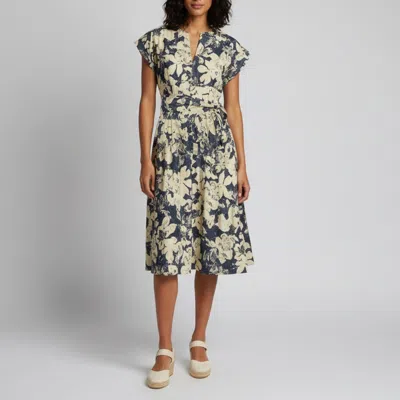 Pre-owned Ch Carolina Herrera Navy Blue Floral Print Linen Blend Flared Midi Dress M