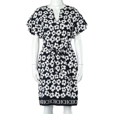 Ch Carolina Herrera Navy Blue Floral Print Silk & Linen Belted Dress In Black