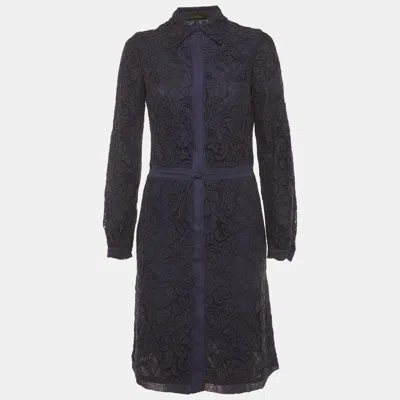 Pre-owned Ch Carolina Herrera Navy Blue Guipure Lace Shirt Dress S