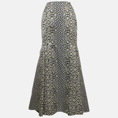 Pre-owned Ch Carolina Herrera Navy Blue Jacquard Maxi Skirt M