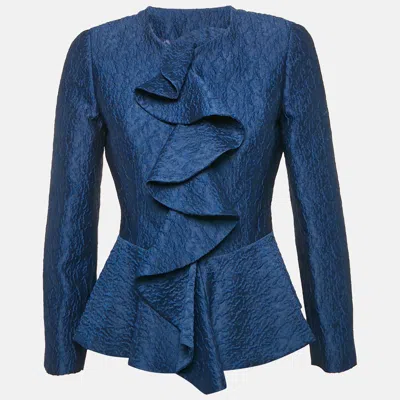Pre-owned Ch Carolina Herrera Navy Blue Jacquard Ruffled Jacket M