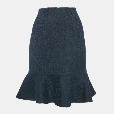 Pre-owned Ch Carolina Herrera Navy Blue Jacquard Wool Short Skirt M