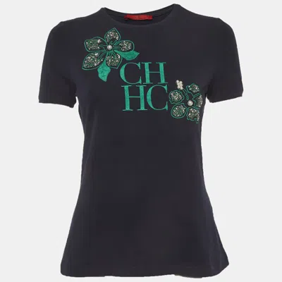 Pre-owned Ch Carolina Herrera Navy Blue Jersey Embroidered T-shirt S