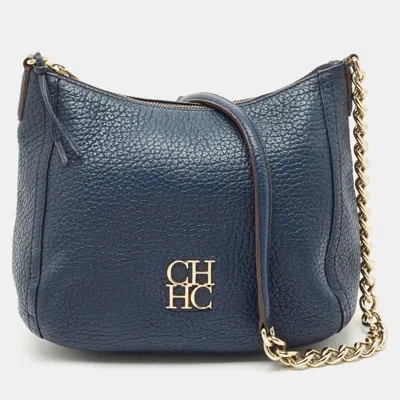 Ch Carolina Herrera Navy Blue Leather Maria Shoulder Bag
