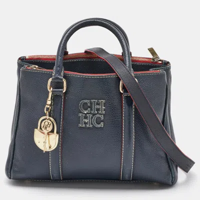 Pre-owned Ch Carolina Herrera Navy Blue Leather Matteo Tote