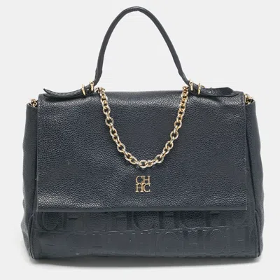 Ch Carolina Herrera Navy Blue Leather Minuetto Flap Top Handle Bag