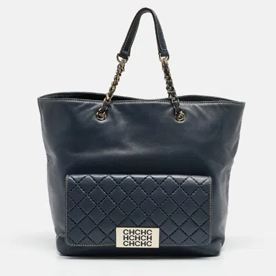 Pre-owned Ch Carolina Herrera Navy Blue Leather Pocket Shopper Tote