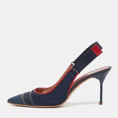 Pre-owned Ch Carolina Herrera Navy Blue Leather Pointed Toe Slingback Pumps Size 38