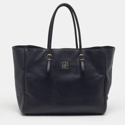 Ch Carolina Herrera Navy Blue Leather Shopper Tote