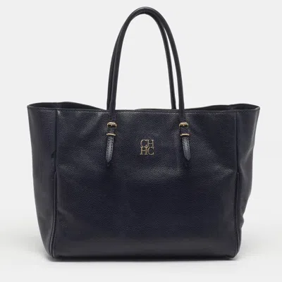 Ch Carolina Herrera Navy Blue Leather Shopper Tote In Black