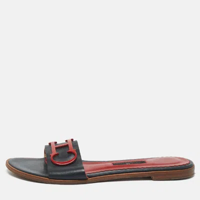 Ch Carolina Herrera Navy Blue Leather Slide Sandals