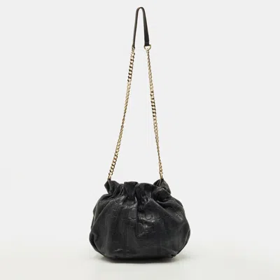 Pre-owned Ch Carolina Herrera Navy Blue Monogram Embossed Leather Bucket Bag