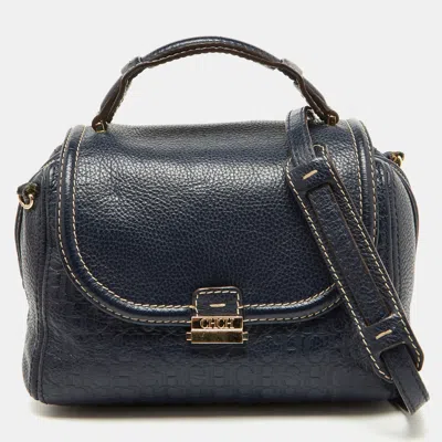 Pre-owned Ch Carolina Herrera Navy Blue Monogram Embossed Leather Flap Top Handle Bag
