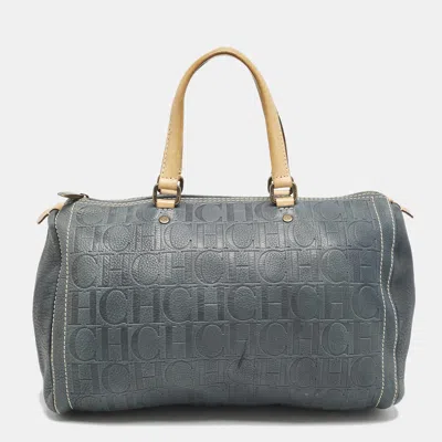 Pre-owned Ch Carolina Herrera Navy Blue Monogram Embossed Leather Large Andy Boston Bag