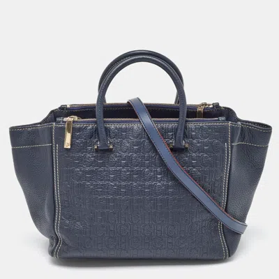 Pre-owned Ch Carolina Herrera Navy Blue Monogram Embossed Leather Tote