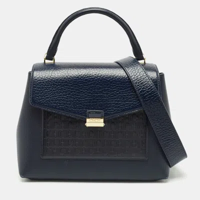 Pre-owned Ch Carolina Herrera Navy Blue Monogram Leather Pushlock Top Handle Bag