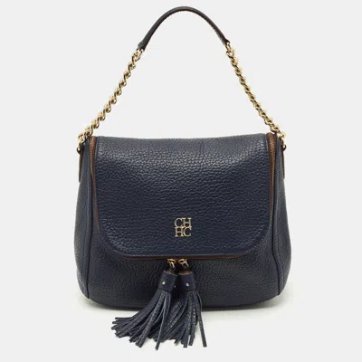 Pre-owned Ch Carolina Herrera Navy Blue Pebbled Leather Tassel Shoulder Bag