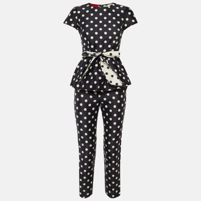 Ch Carolina Herrera Navy Blue Polka Dot Print Cotton Top & Pants Set In Black