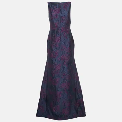 Pre-owned Ch Carolina Herrera Navy Blue Rose Embossed Crepe Sleeveless Maxi Dress M