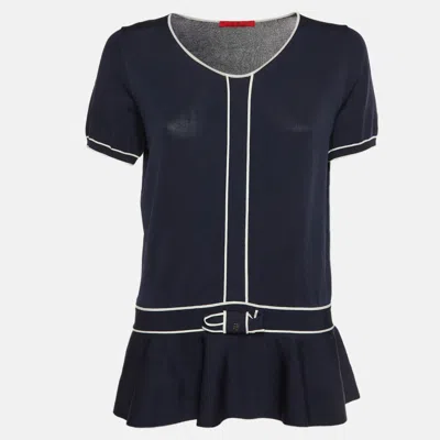 Pre-owned Ch Carolina Herrera Navy Blue Stretch Knit Short Sleeves Top M