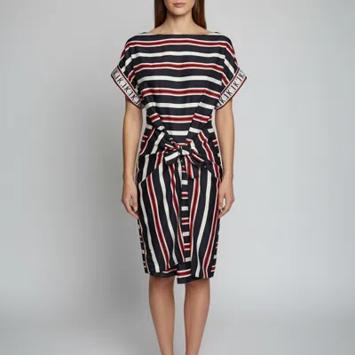 Pre-owned Ch Carolina Herrera Navy Blue Striped Silk Wrap Dress M