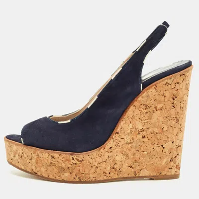 Pre-owned Ch Carolina Herrera Navy Blue Suede Cork Wedge Sandals Size 39