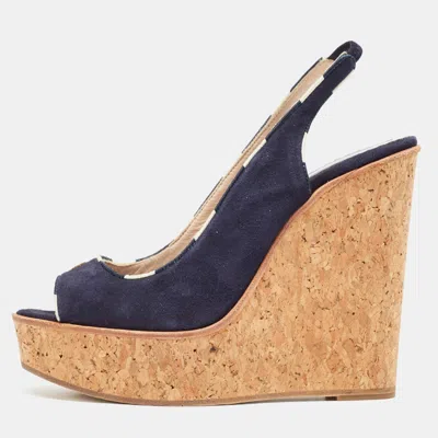 Pre-owned Ch Carolina Herrera Navy Blue Suede Cork Wedge Slingback Sandals Size 37