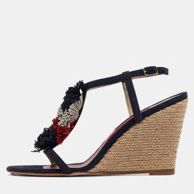 Pre-owned Ch Carolina Herrera Navy Blue Suede Tassel Wedge Sandals Size 37