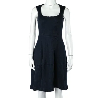 Ch Carolina Herrera Navy Blue Textured Cotton Flared Dress In Black