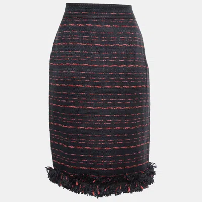 Pre-owned Ch Carolina Herrera Navy Blue Tweed Zip Front Fringed Knee Length Skirt M