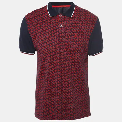 Pre-owned Ch Carolina Herrera Navy Blue/red Printed Cotton Pique Polo T-shirt L