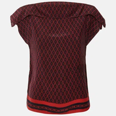 Pre-owned Ch Carolina Herrera Navy Blue/red Printed Silk Blend Top Xs