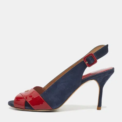 Pre-owned Ch Carolina Herrera Navy Blue/red Suede And Patent Leather Slingback Sandals Size 40