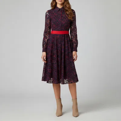 Pre-owned Ch Carolina Herrera Navy/red Guipure Lace Midi Shirtdress S In Navy Blue