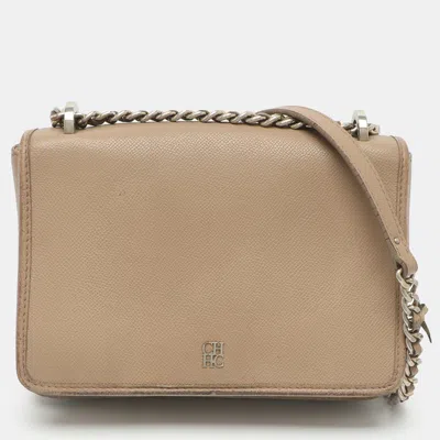 Pre-owned Ch Carolina Herrera New Baltazar Beige Leather Crossbody Bag In Sand