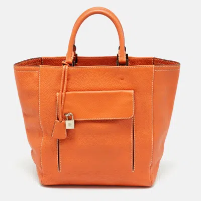 Pre-owned Ch Carolina Herrera Orange Leather Front Pocket Tote