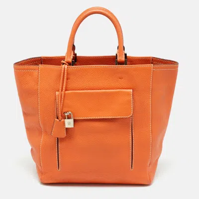 Ch Carolina Herrera Orange Leather Front Pocket Tote In Brown