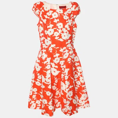 Pre-owned Ch Carolina Herrera Orange/white Floral Print Cotton Silk Midi Dress M