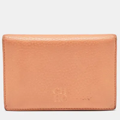Pre-owned Ch Carolina Herrera Peach Leather Compact Flap Wallet In Orange