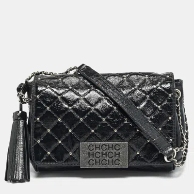 Pre-owned Ch Carolina Herrera Pearl Studded Black Quilted Patent Leather Flap Chain Shoulder Bag