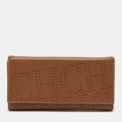 Pre-owned Ch Carolina Herrera Perforated Logo Brown Leather Trifold Clutch
