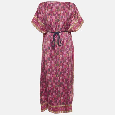 Pre-owned Ch Carolina Herrera Pink Ch Print Silk Belted Kaftan Dress One Size