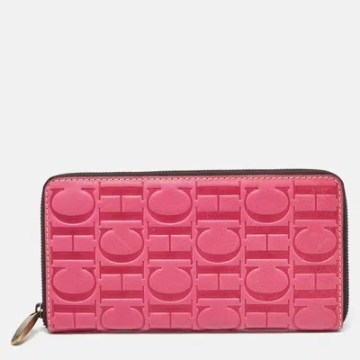 Pre-owned Ch Carolina Herrera Pink Embossed Leather Oversize Wallet