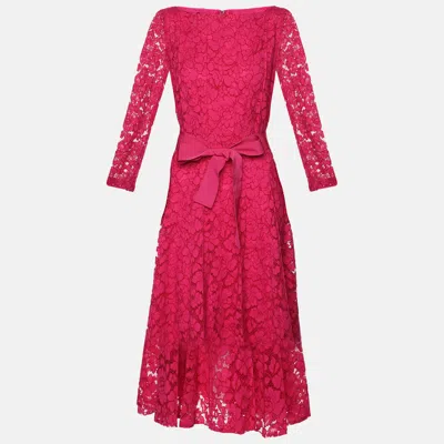 Pre-owned Ch Carolina Herrera Pink Floral Lace Belted Midi Dress M