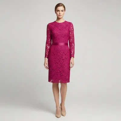 Pre-owned Ch Carolina Herrera Pink Floral Lace Belted Sheath Dress M