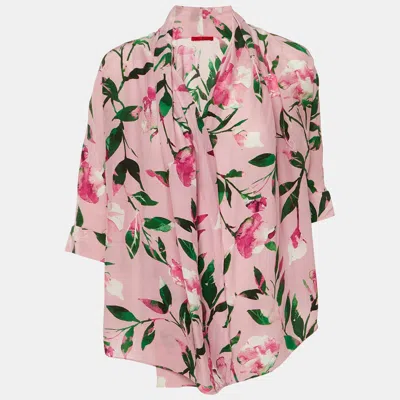 Ch Carolina Herrera Pink Floral Print Crepe & Silk Blend Wrap Around Top