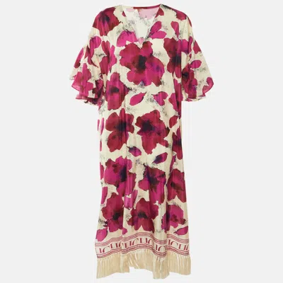 Pre-owned Ch Carolina Herrera Pink Floral Printed Silk & Cotton Tassel Detail Maxi Dress L